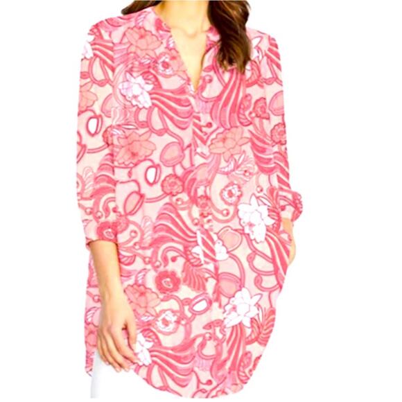 Badgley Mischka Sheer Flowing Tunic Top Pink Floral Print XL - Picture 1 of 8